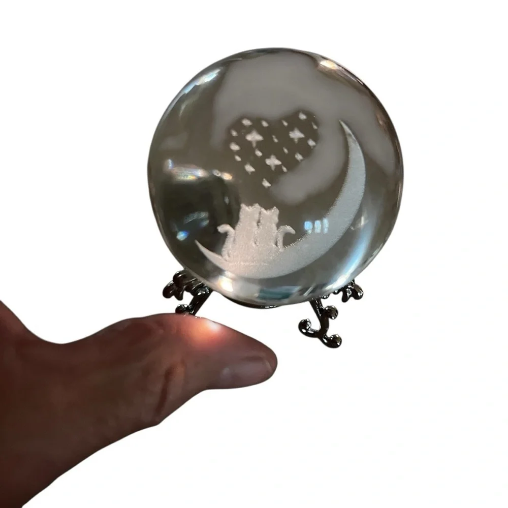 Crystal Ball With Two Cats On Moon Heart Stars With Stand
